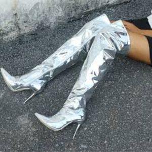 Chrome thigh high boots